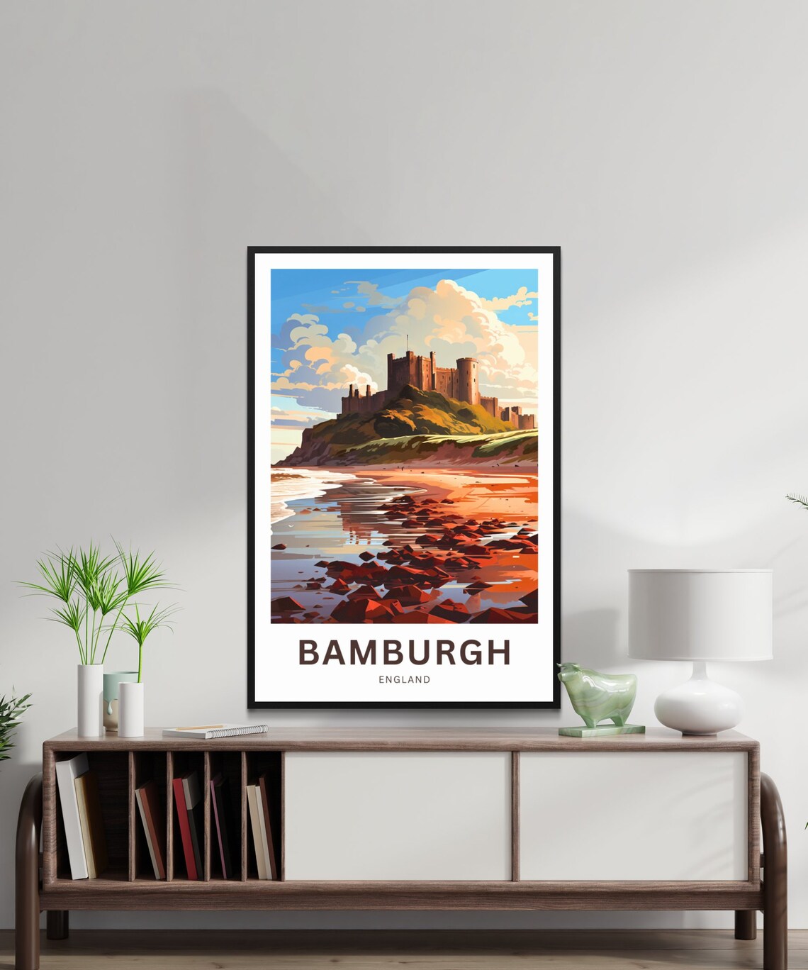 Bamburgh Castle Golden Sunset Reflective Beach England Travel Poster - Image 2