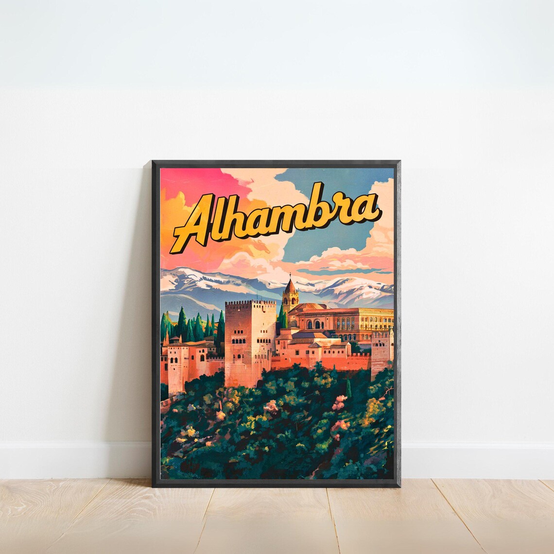Alhambra Spain Travel Poster Moorish Palace Mountains Vintage Artwork
