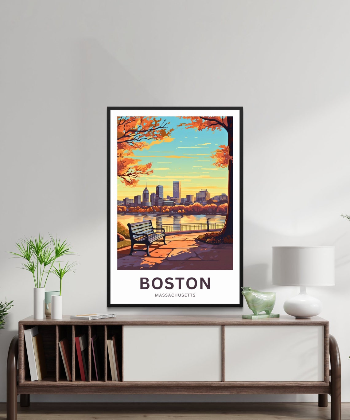Boston Massachusetts Autumn Sunset Skyline Bench Travel Poster - Image 2