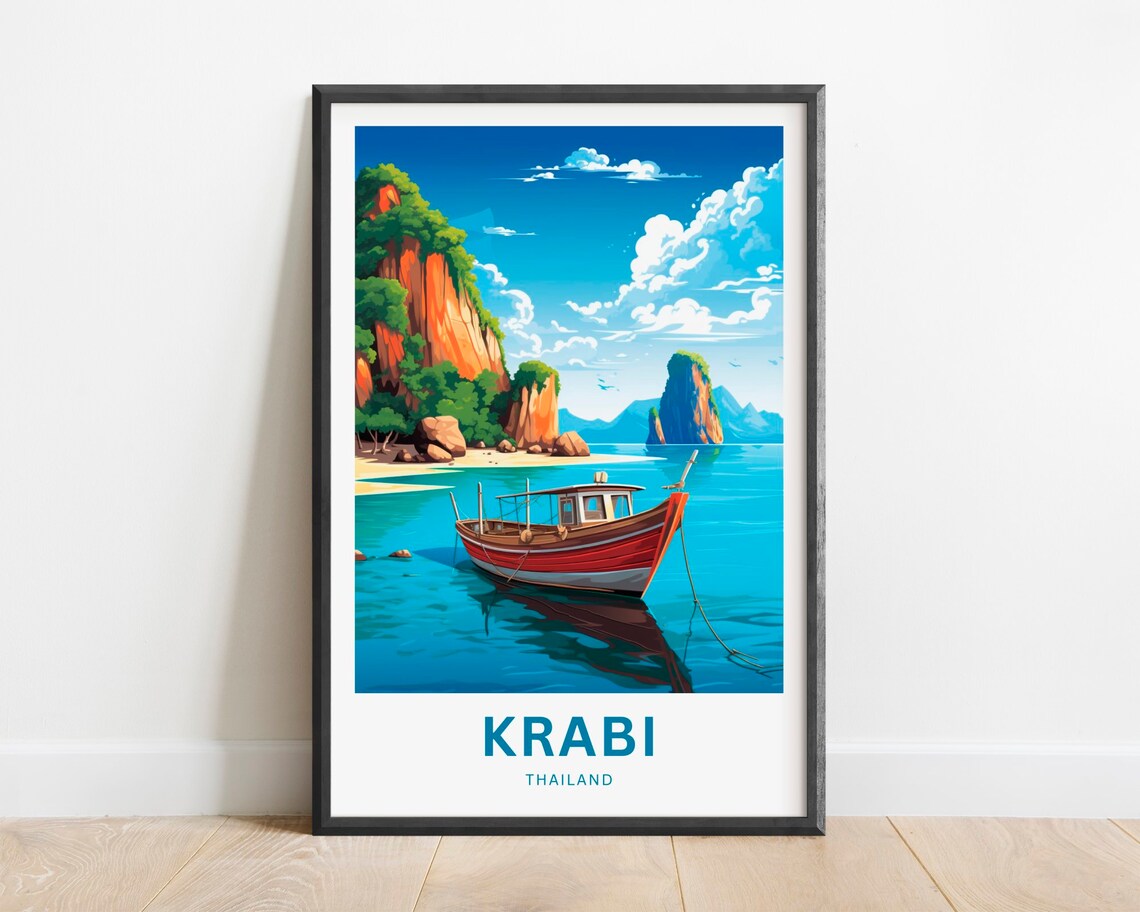 Krabi Thailand Tropical Limestone Karst Bay Red Boat Seascape Poster
