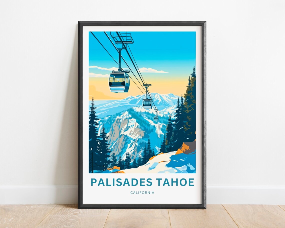 Palisades Tahoe California Gondola Snowy Slopes Travel Poster