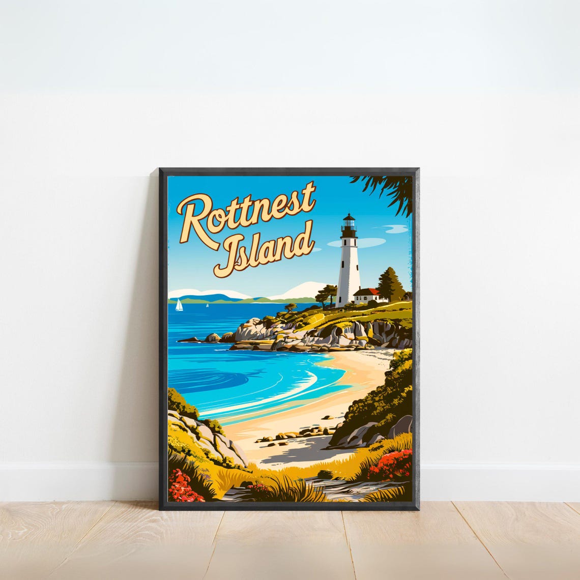 Rottnest Island Lighthouse Rocky Coast Beach Vintage Travel Poster