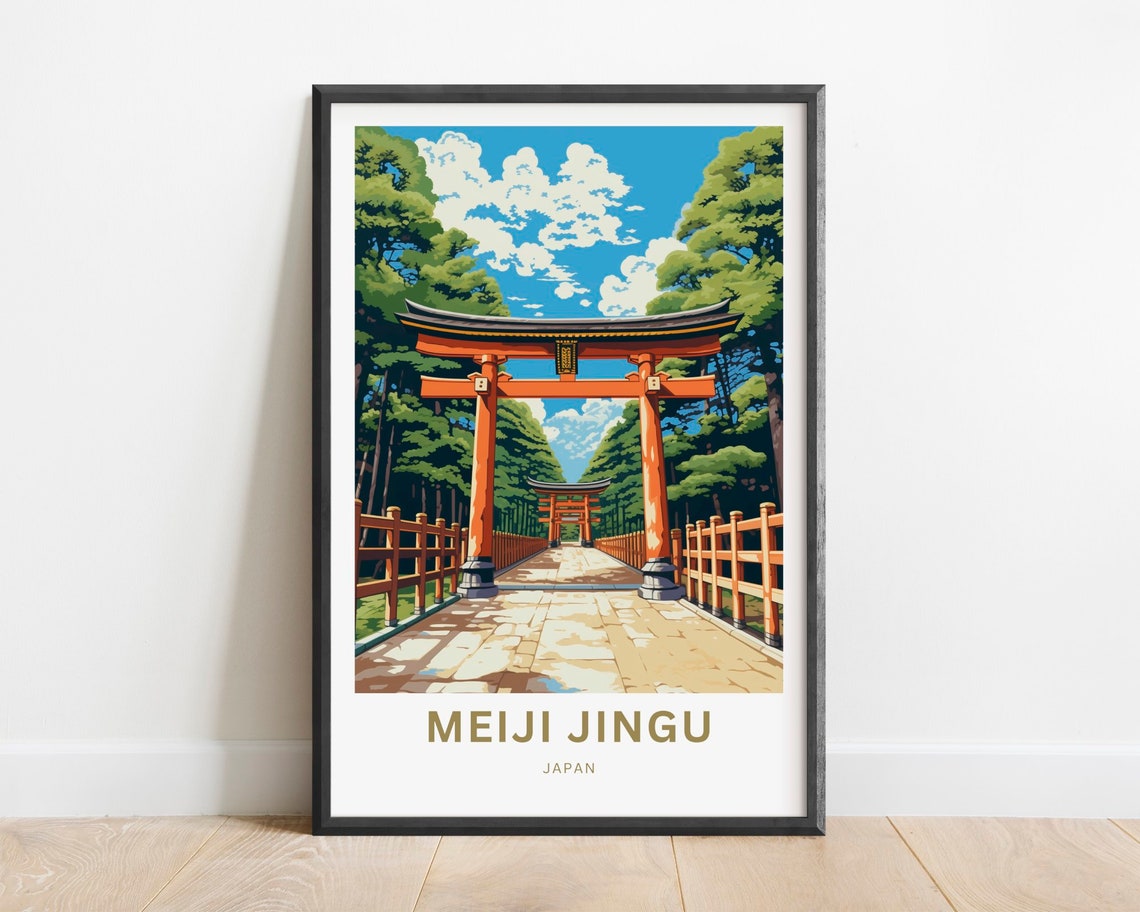 Meiji Jingu Japan Red Torii Gate Pine Forest Path Travel Poster