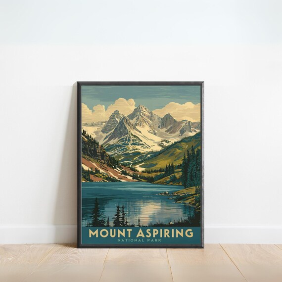 Mount Aspiring National Park Retro Snow Peak Lake View Poster