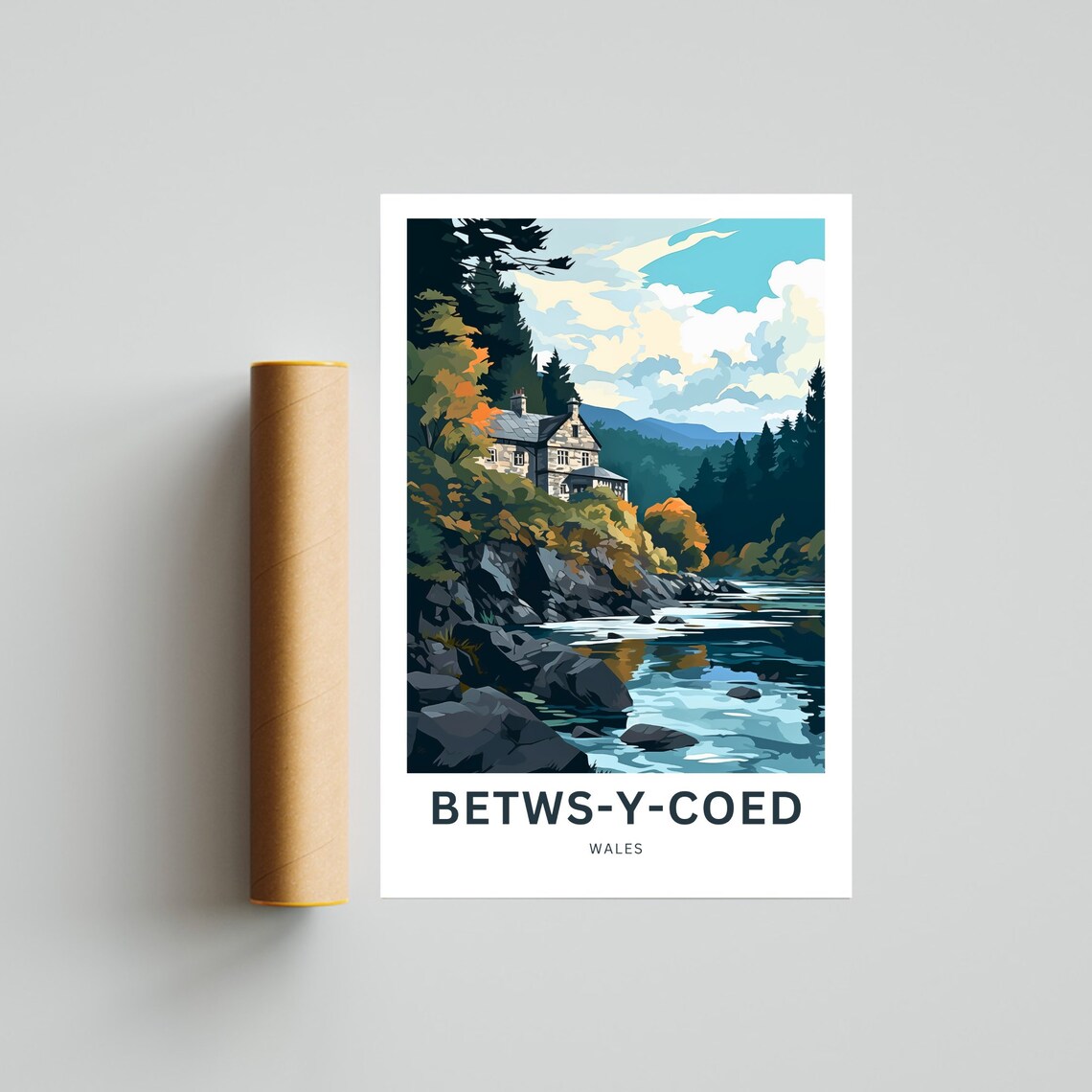 Betws Y Coed Wales Autumn River Stone Cottage Landscape Travel Poster - Image 4