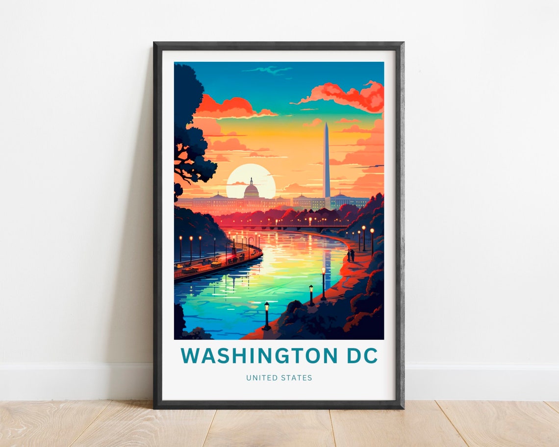Washington DC Monument Sunset Riverwalk Skyline Travel Poster