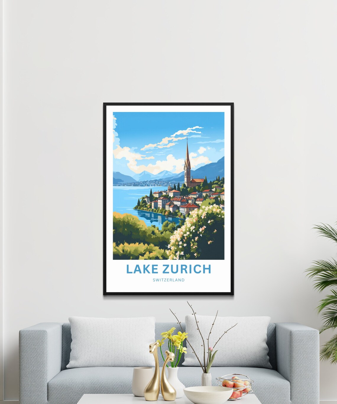 Lake Zurich Switzerland Lakeside Town Church Spire Hills Travel Poster - Image 3