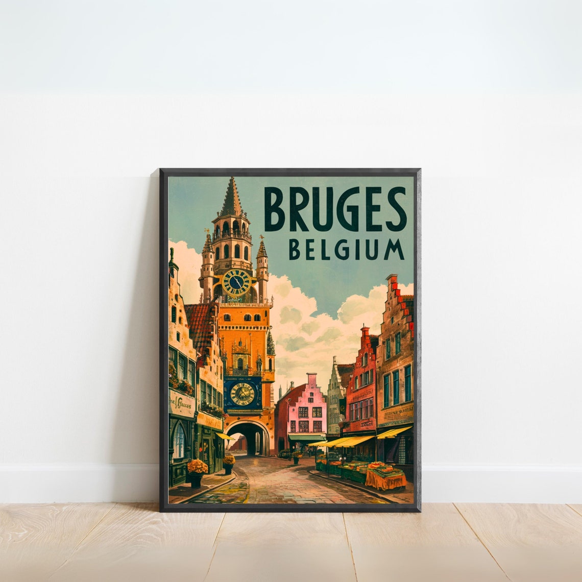 Bruges Belgium Belfry Clock Tower Market Square Vintage Poster