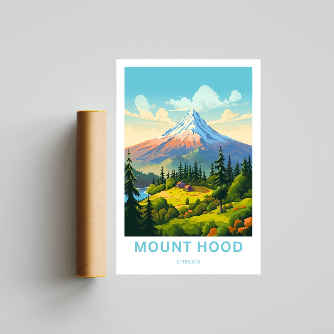 Mount Hood Oregon Snow Capped Peak Cabins Personalized Travel Poster - Image 4