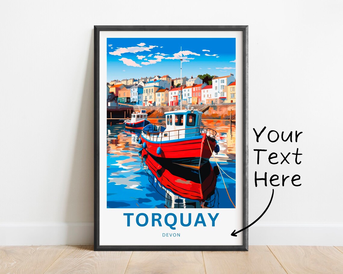 Torquay Devon Travel Poster Red Fishing Boat Harbour Houses Art