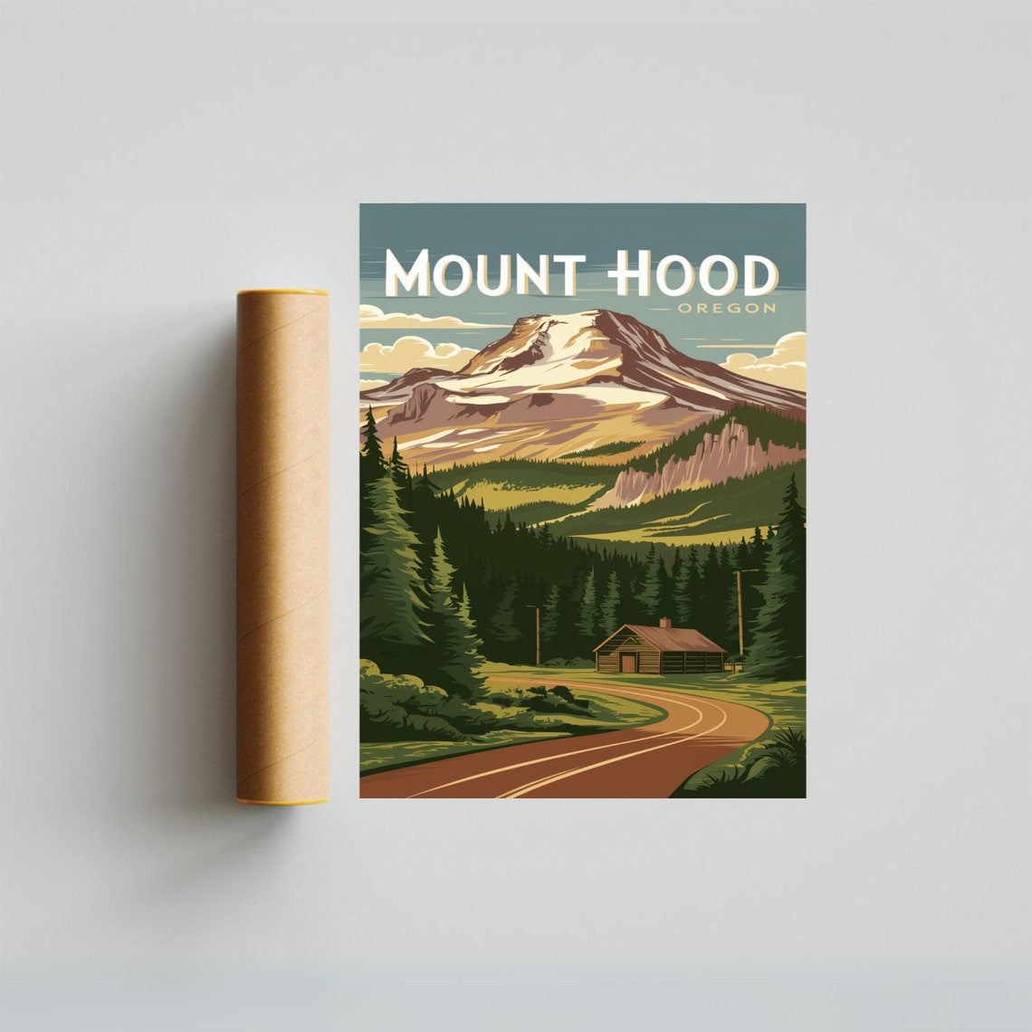 Mount Hood Oregon Vintage Poster with Sunrise over Pine Forest Cabin - Image 3