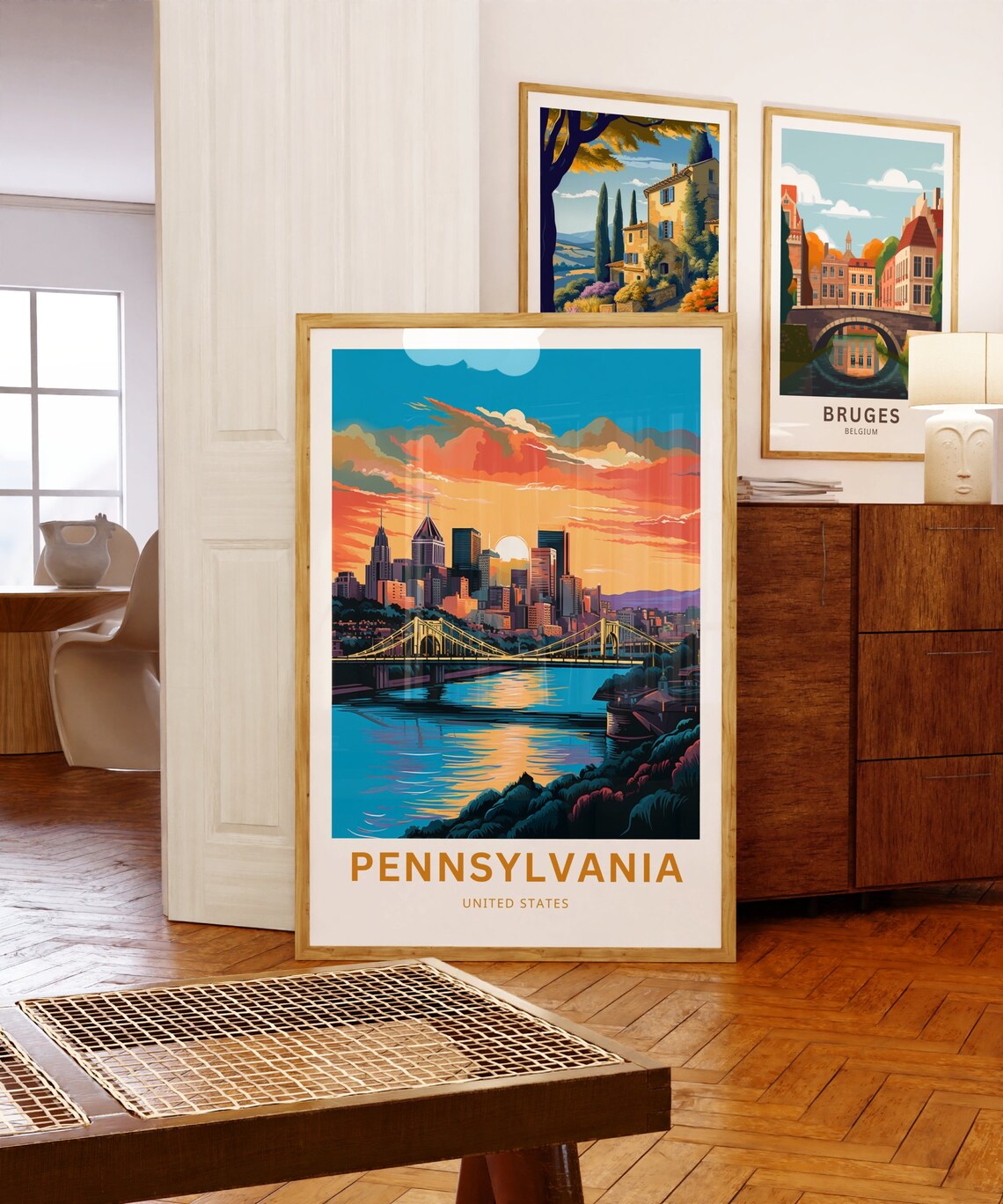 Pennsylvania Pittsburgh Skyline Bridges Sunset River Travel Poster - Image 5