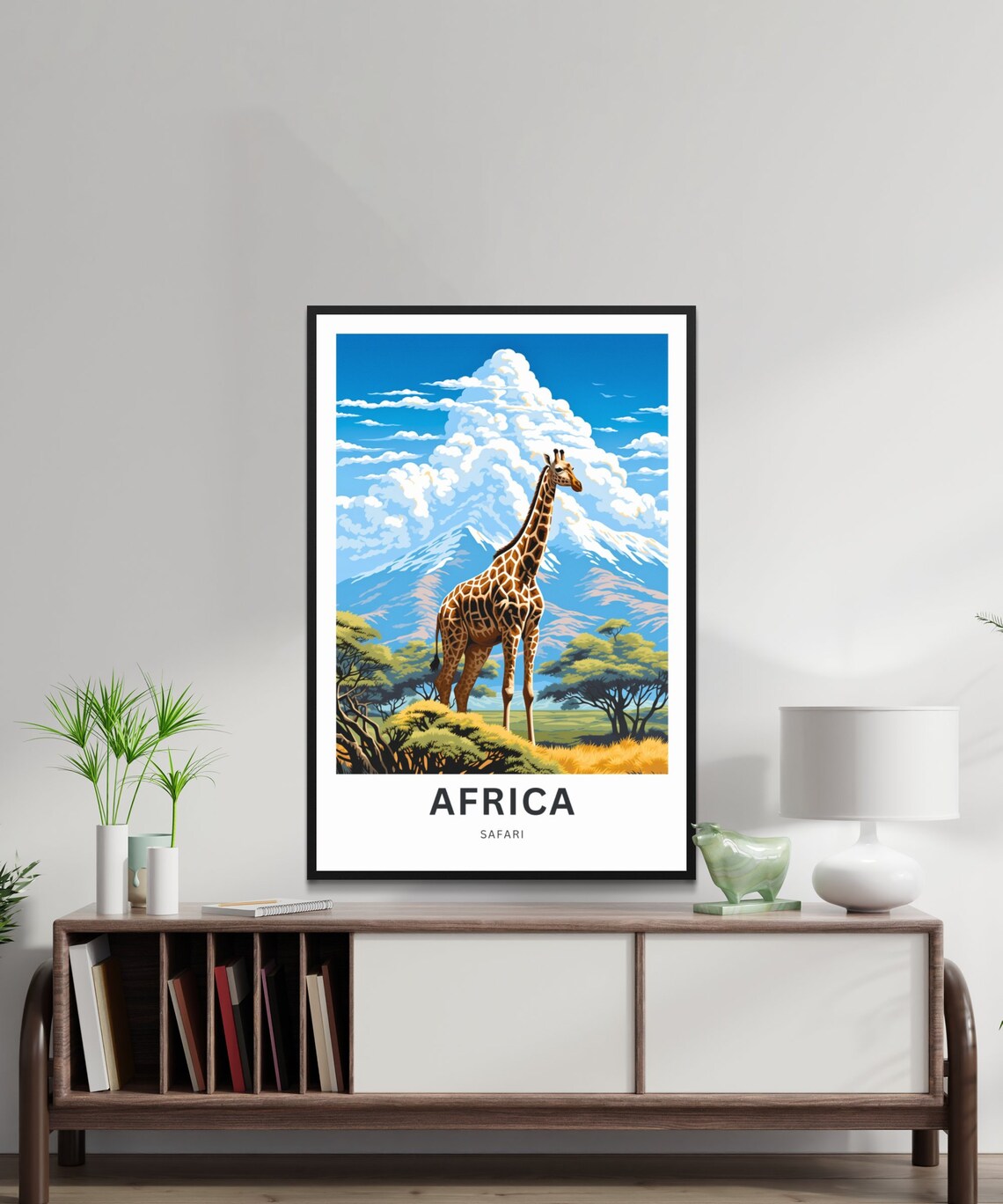 Africa Safari Lone Giraffe Cloud Mountain Savanna Travel Poster - Image 2