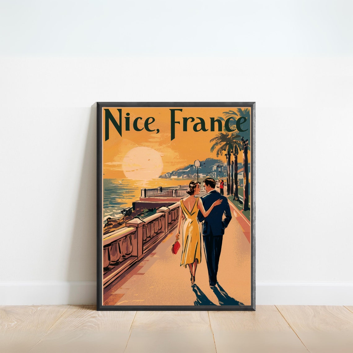 Nice France Retro Sunset Promenade Romantic Strolling Couple Poster