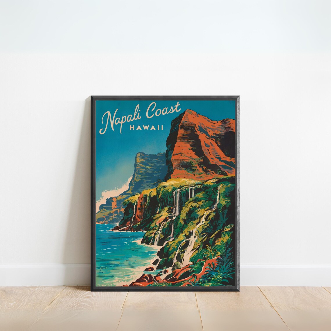 Napali Coast Hawaii Waterfalls Vintage Coastal Travel Poster