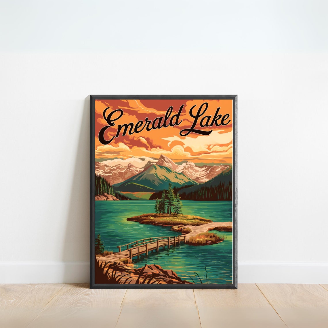 Emerald Lake Sunset Island Wooden Pier Golden Sky Vintage Poster