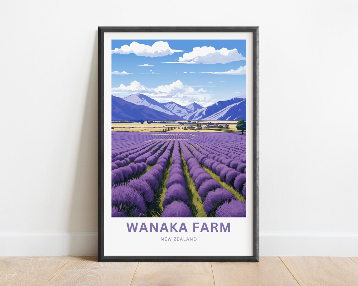 Wanaka Farm New Zealand Lavender Rows Mountain View Travel Poster