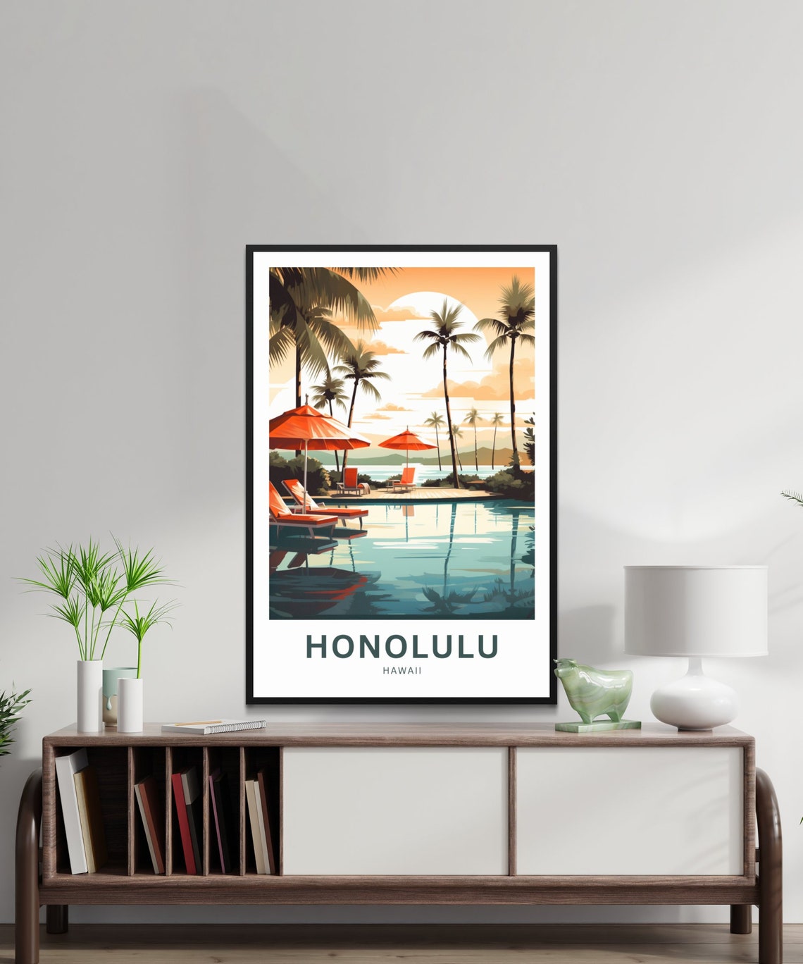 Honolulu Hawaii Resort Pool Sunset Palm Trees Tropical Poster - Image 2