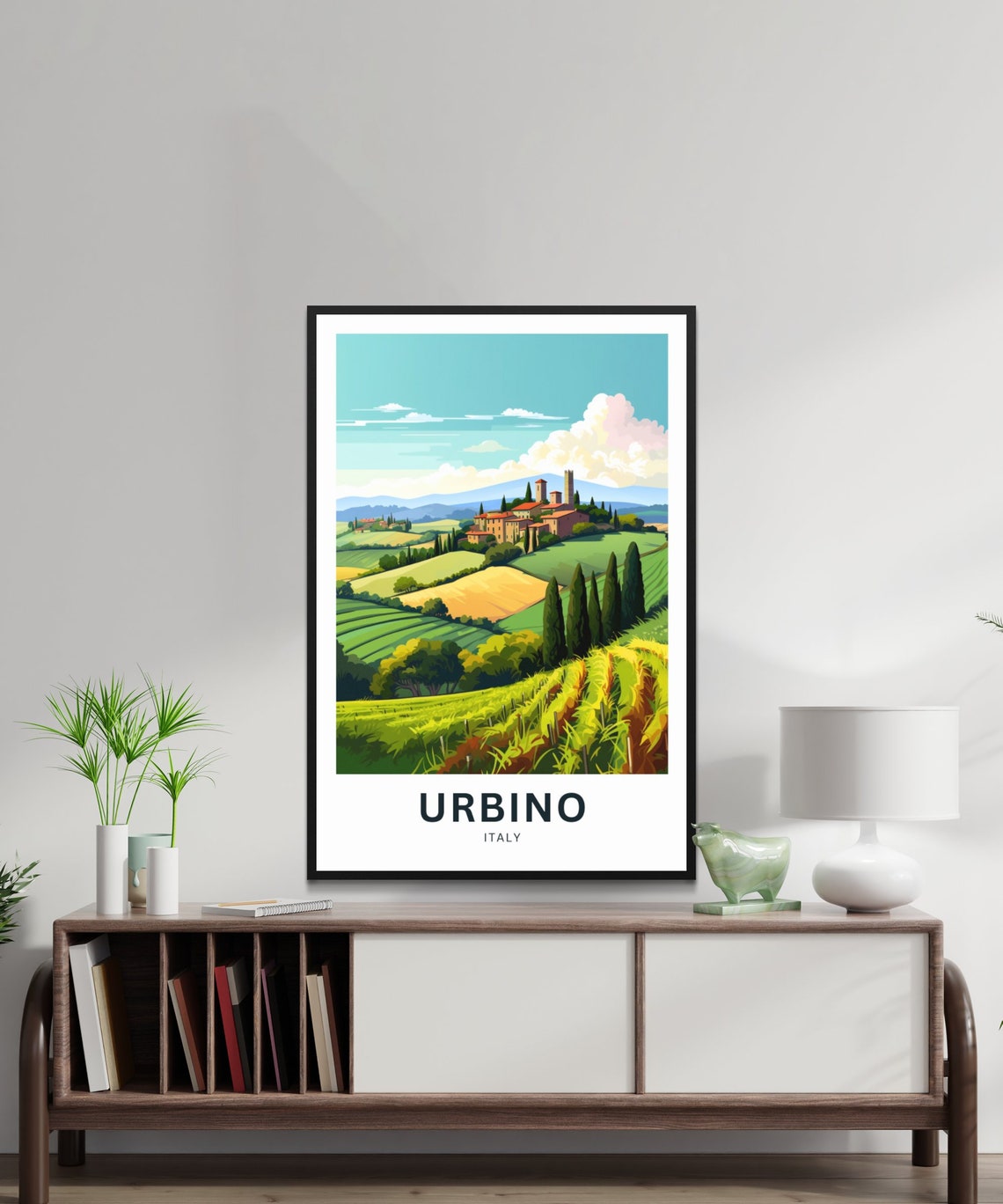 Urbino Italy Rolling Hills Vineyard Cypress Village View Poster - Image 2