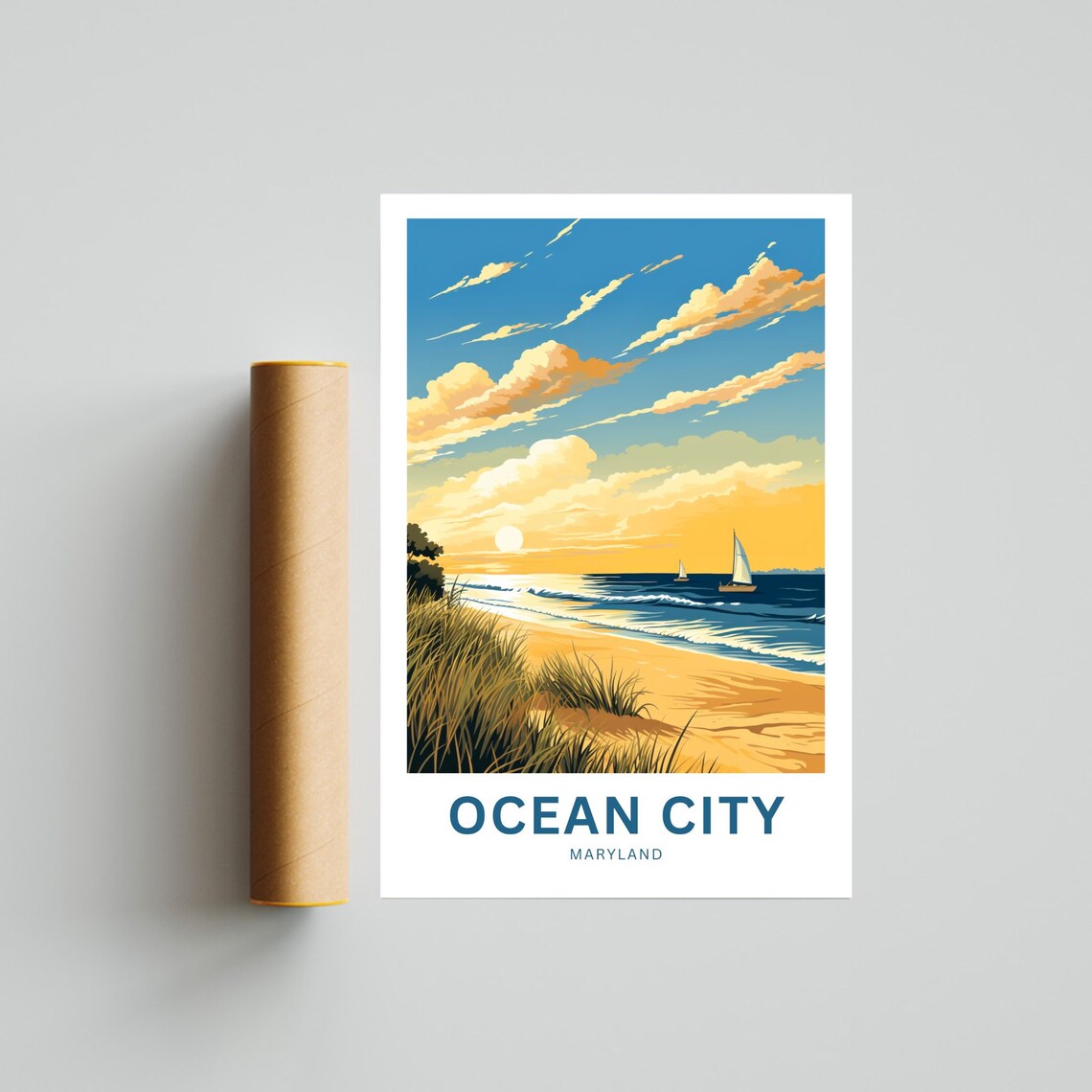 Ocean City Maryland Golden Sunset Beach Sailboats Travel Poster - Image 4