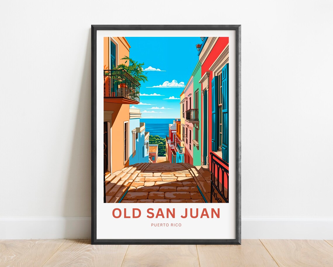 Old San Juan Puerto Rico Colorful Colonial Street Ocean Poster - Image 3