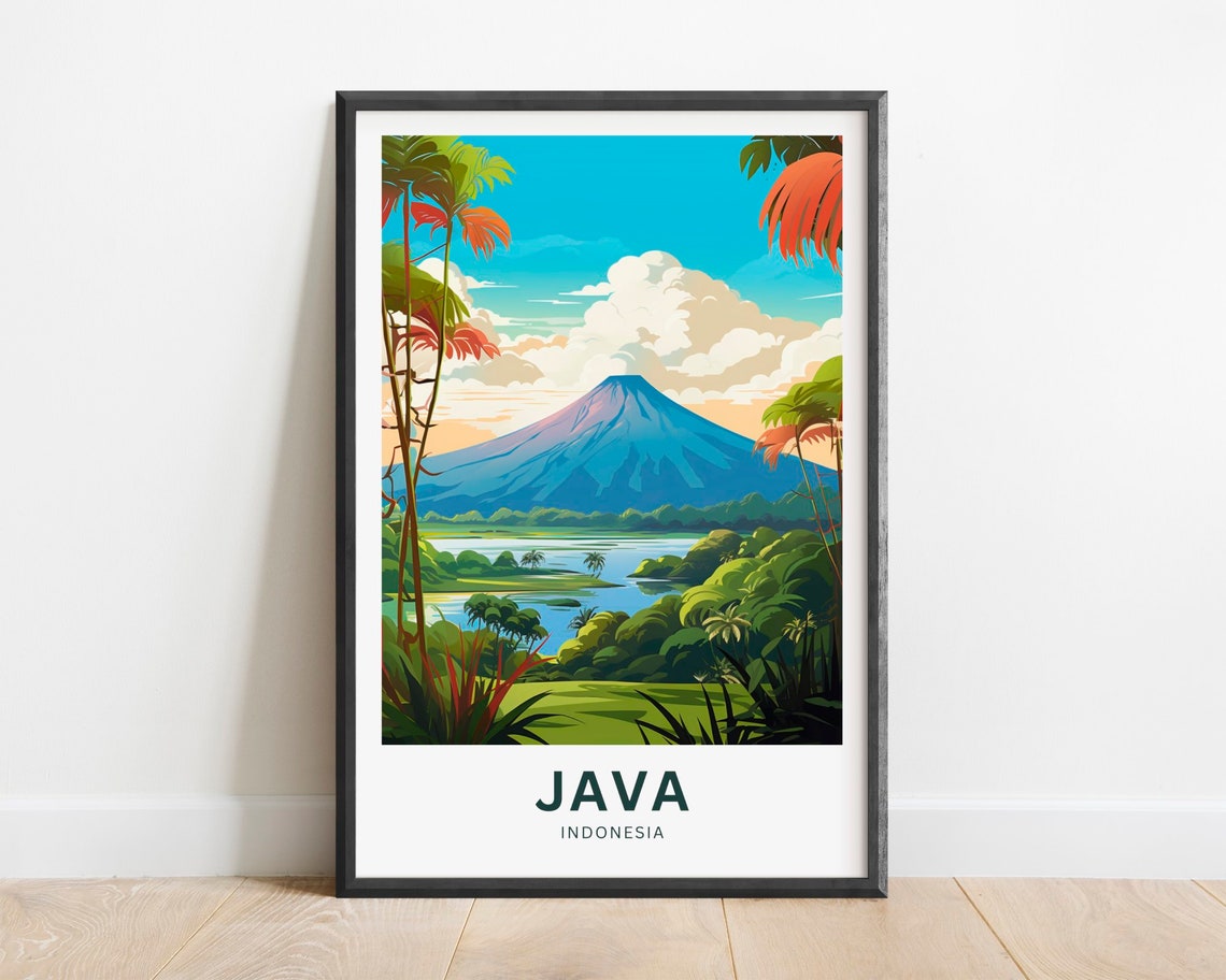 Java Indonesia Volcano Lake Jungle Palms Landscape Scene Poster