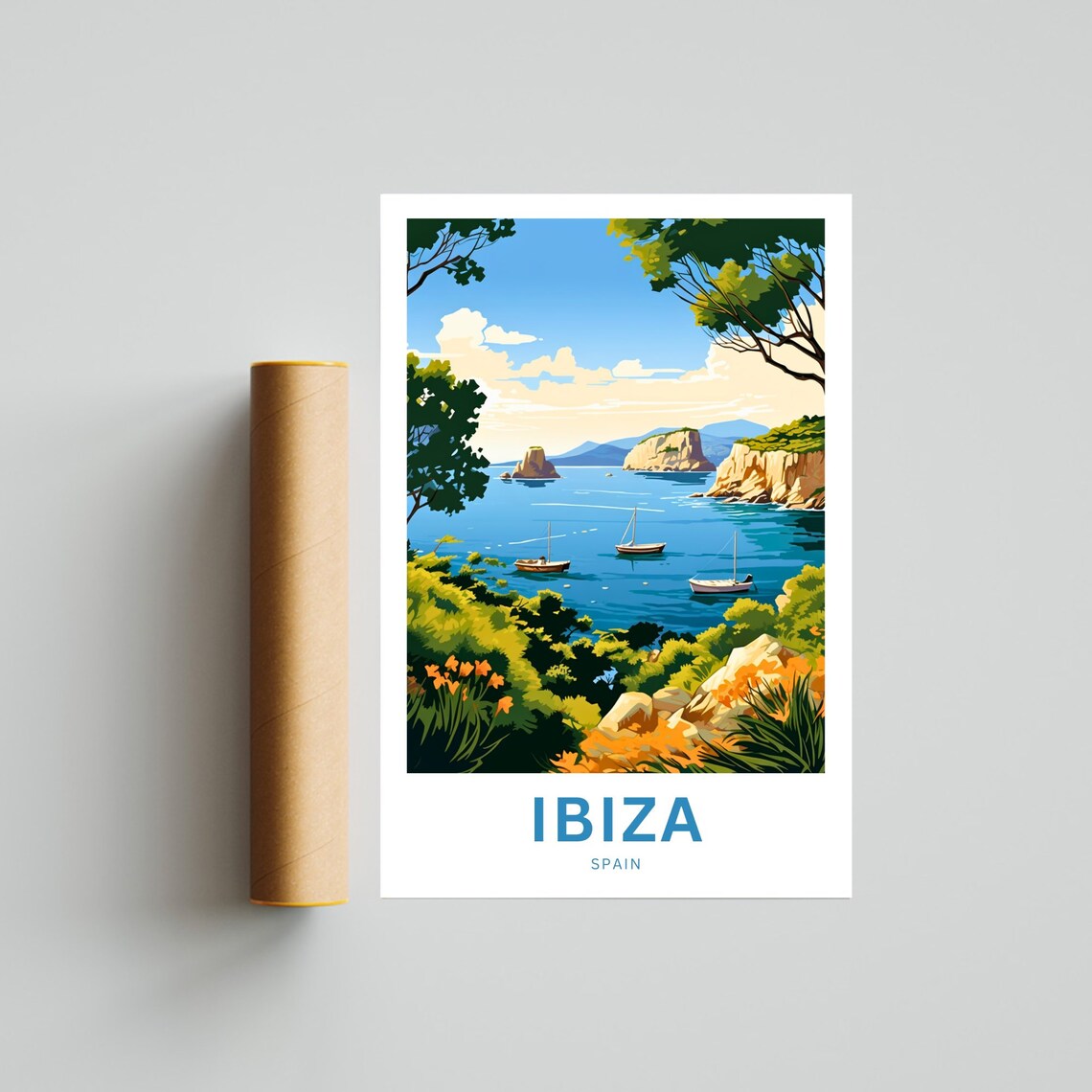 Ibiza Spain Sea Cliffs Sailboats Cove View Personalized Travel Poster - Image 4