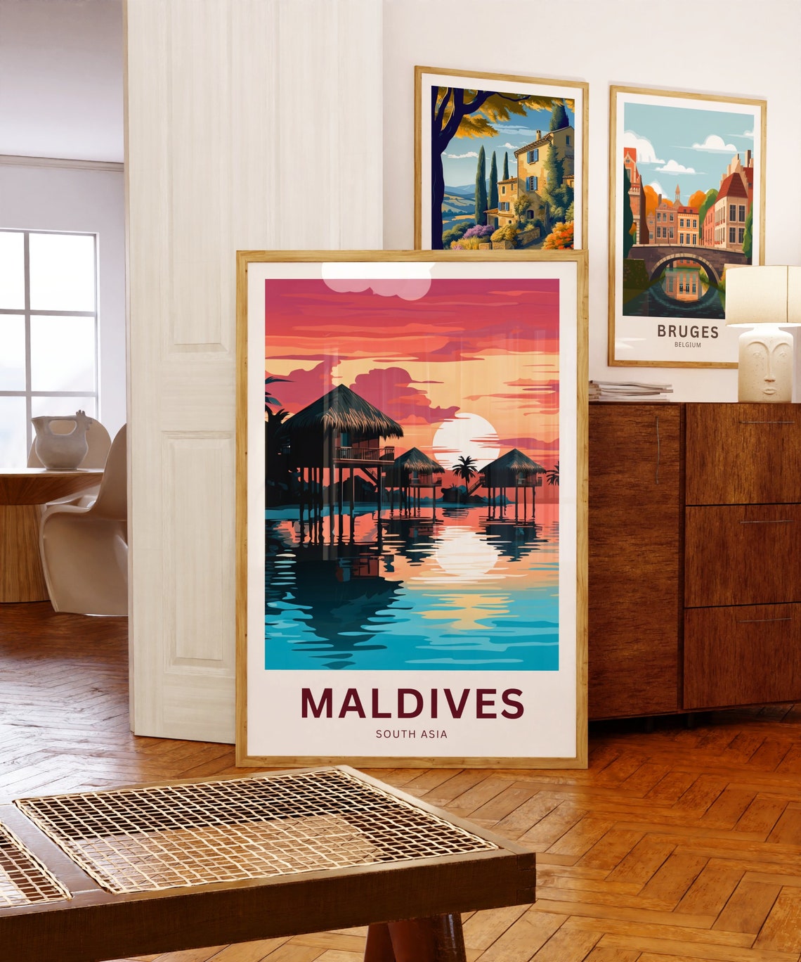 Maldives Pink Sunset Overwater Villas Lagoon Reflection Travel Poster - Image 5