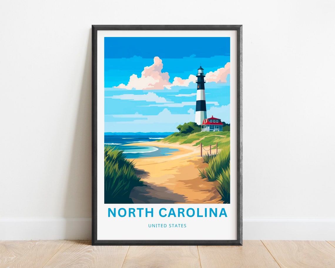 North Carolina United States Travel Poster Lighthouse Beach Dunes Art