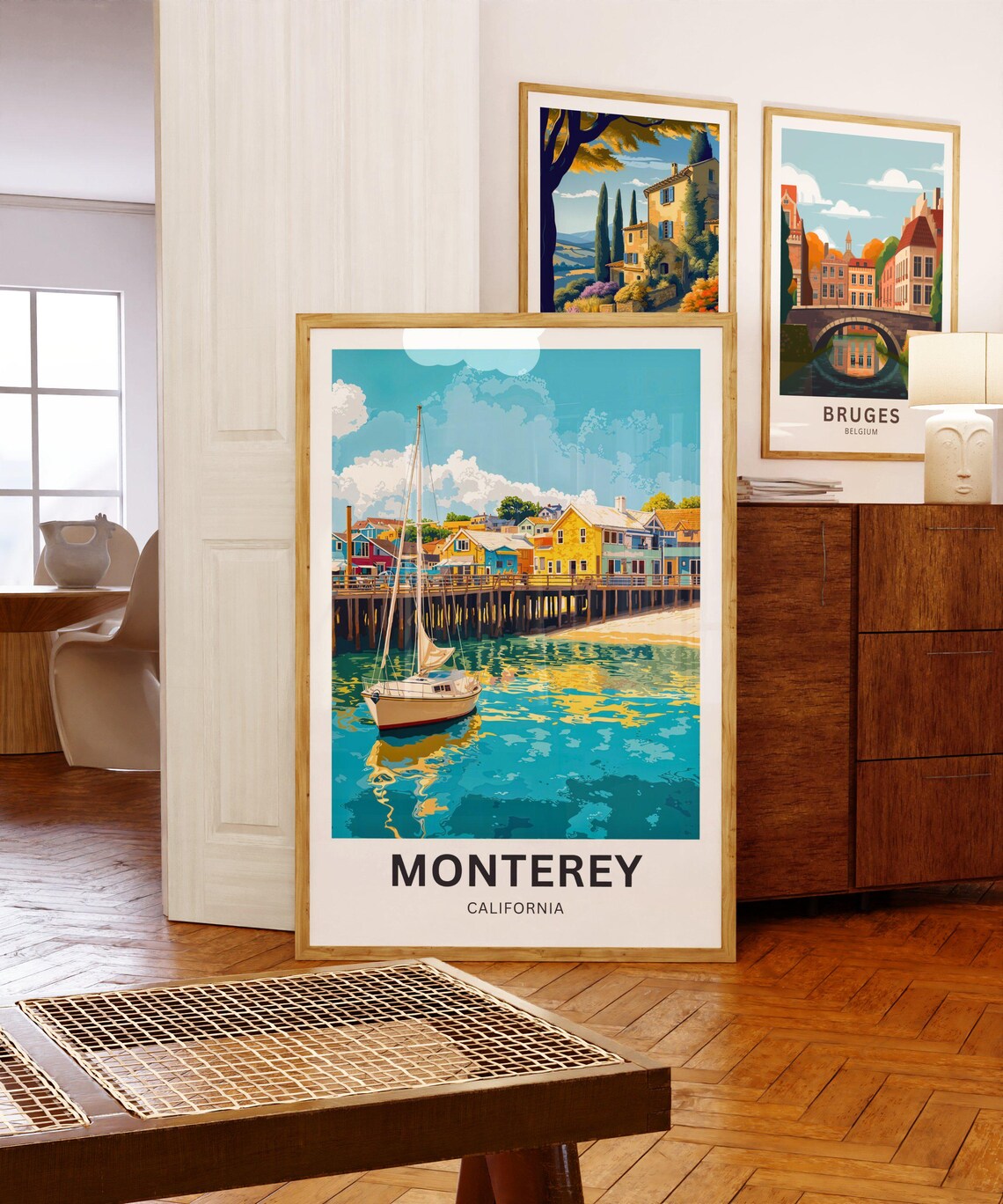 Monterey California Harbor Sailboat Colorful Pier Buildings Poster - Image 5