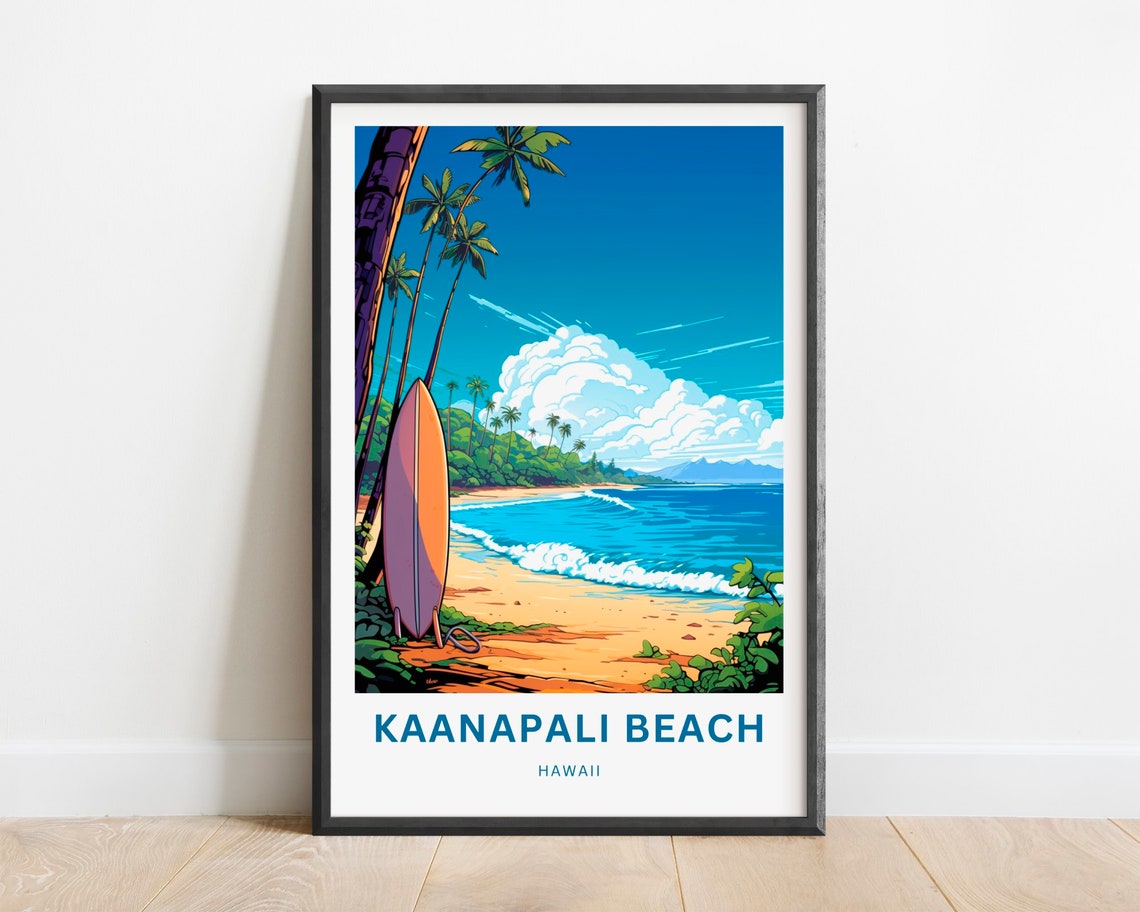 Kaanapali Beach Hawaii Surfboard Palm Trees Retro Travel Poster