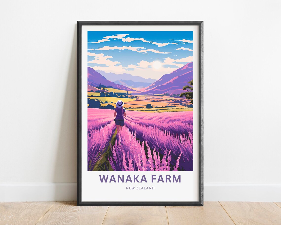 Wanaka Farm New Zealand Lavender Sunset Travel Illustration Poster