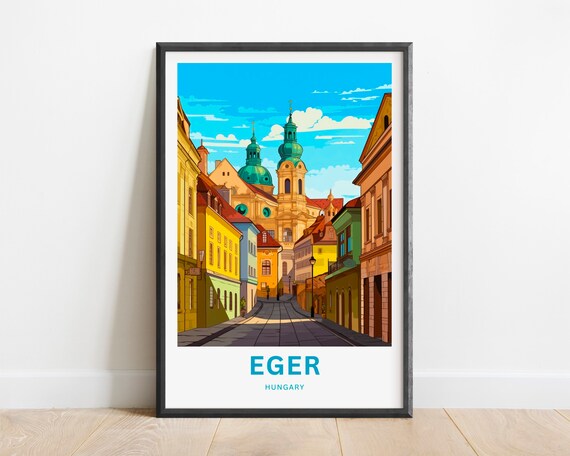 Eger Hungary Old Cobblestone Street Church Vintage Travel Poster