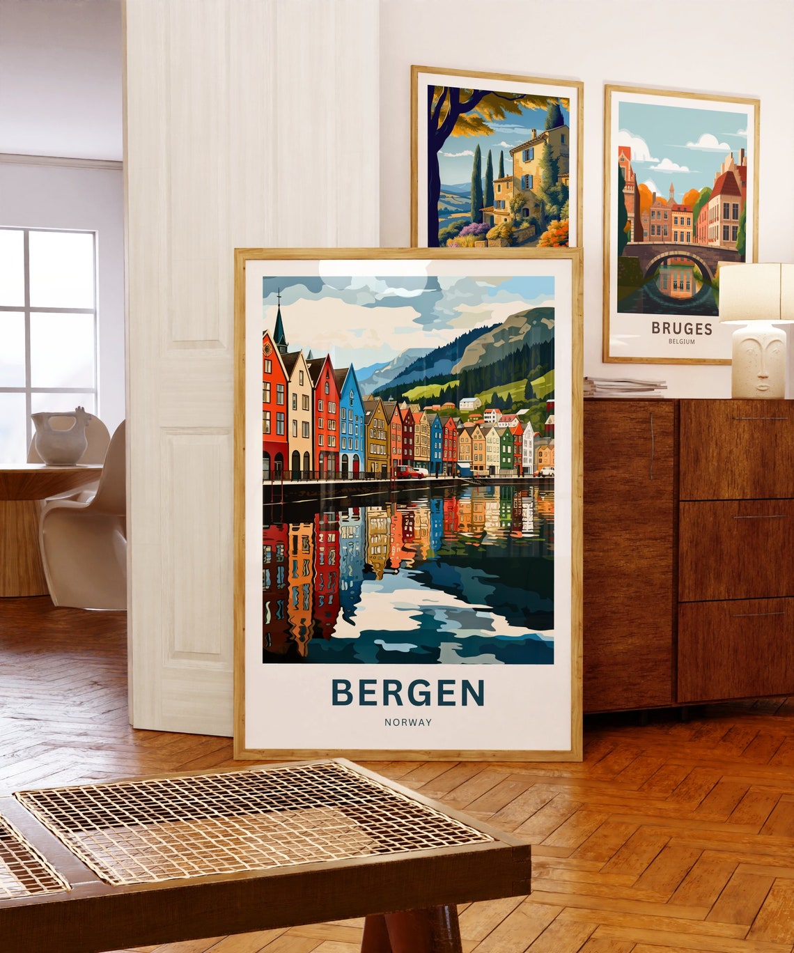 Personalized Bergen Norway Bryggen Harbor Houses Reflection Poster - Image 5
