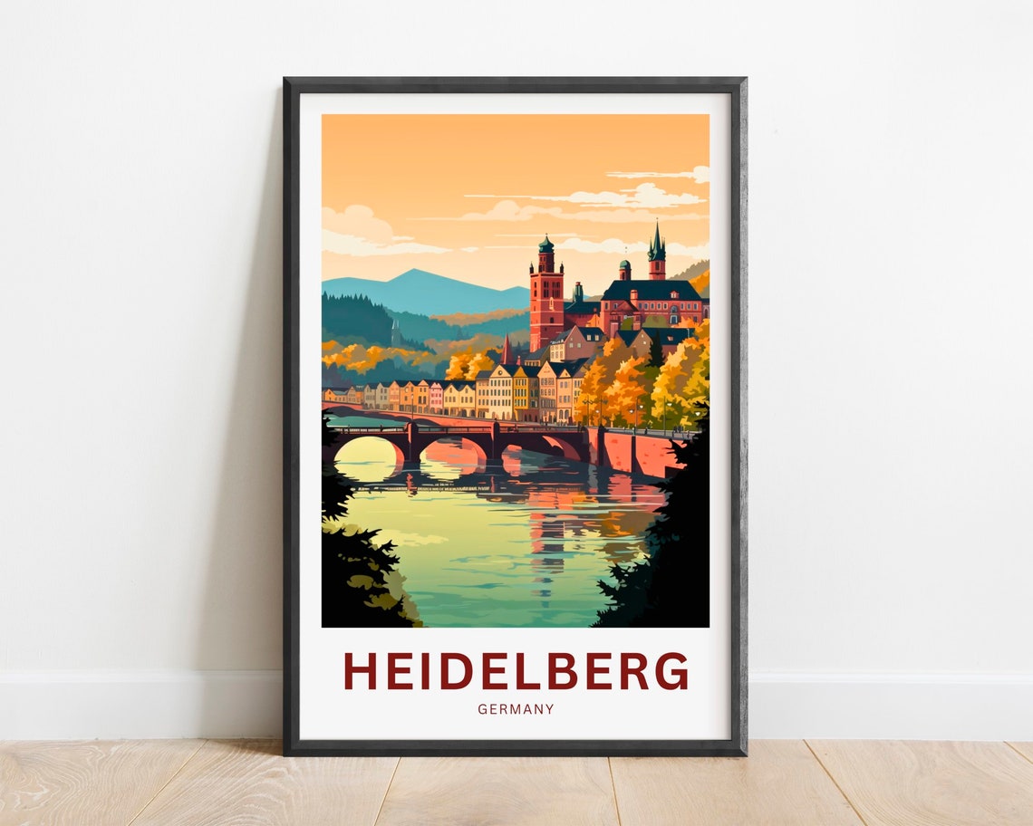 Heidelberg Germany Sunset River Vintage Travel Poster Old Bridge Gift
