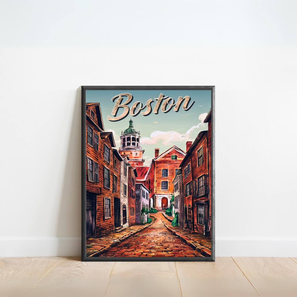 Boston Historic Old Town Cobblestone Street Vintage Travel Art Poster
