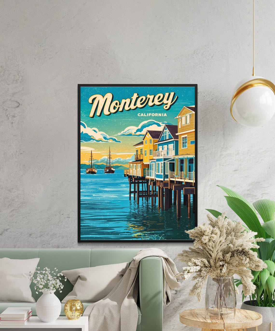 Monterey California Sunset Pier Houses Tall Ships Retro Poster - Image 2