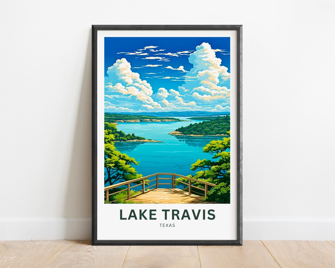 Lake Travis Texas Sunny Lakeside Overlook Scenic Travel Poster