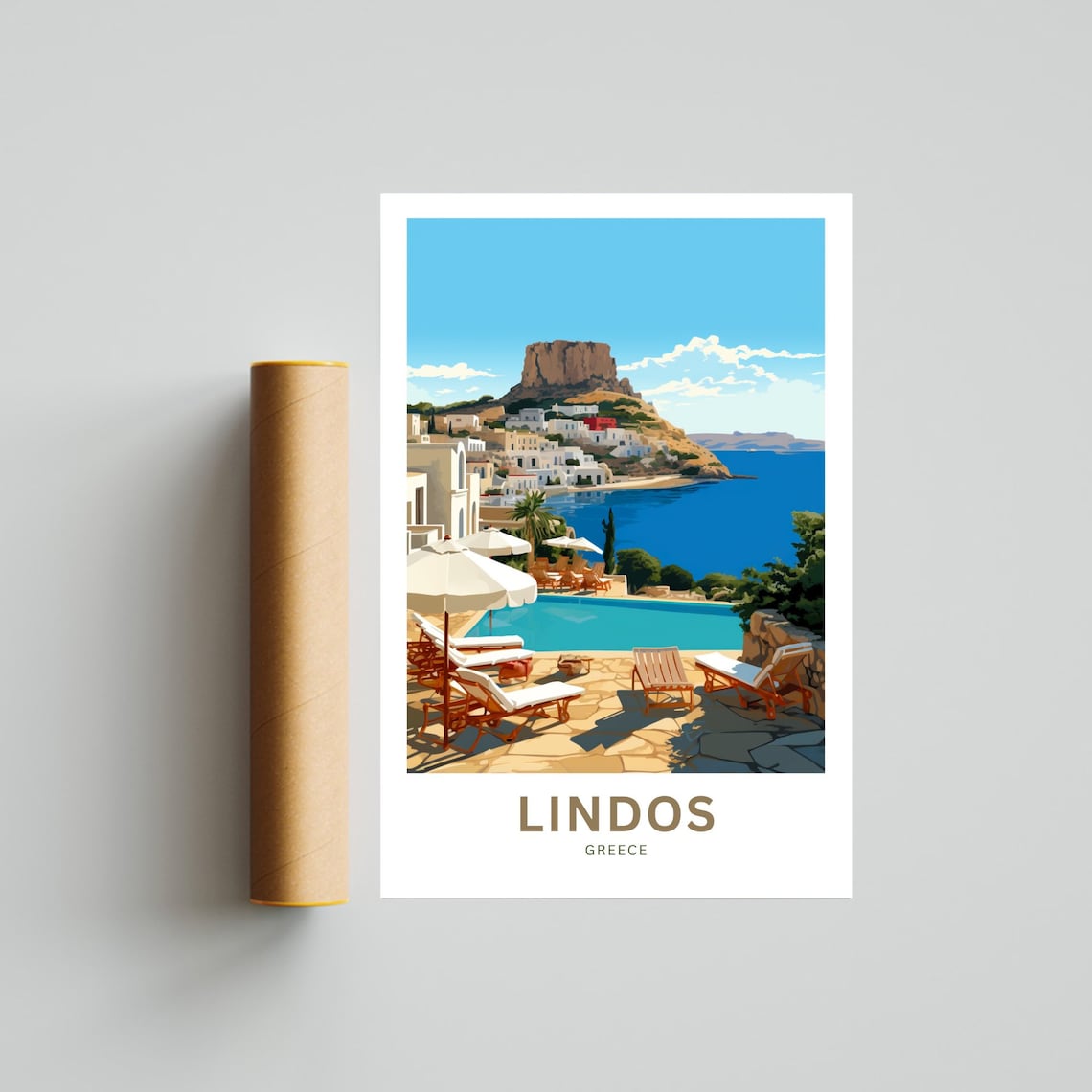 Lindos Greece Poolside Resort Acropolis Rock Scene Travel Poster - Image 4