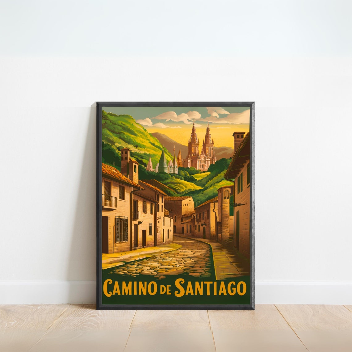 Camino de Santiago Cobblestone Village Cathedral Travel Poster