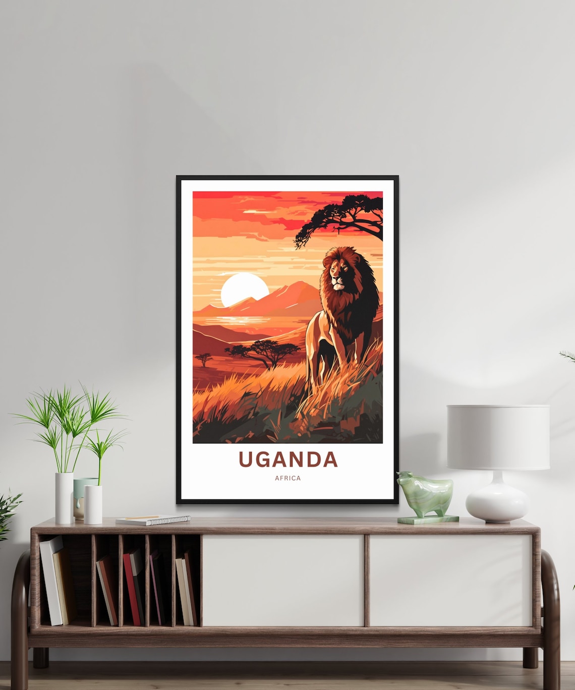 Uganda Africa Travel Poster Lion Sunset Savanna Acacia Wildlife Scene - Image 2
