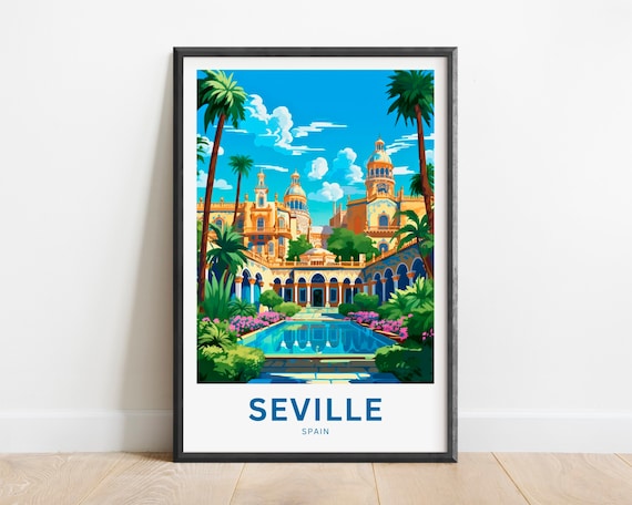 Seville Spain Travel Poster Andalusian Palace Courtyard Gardens Gift