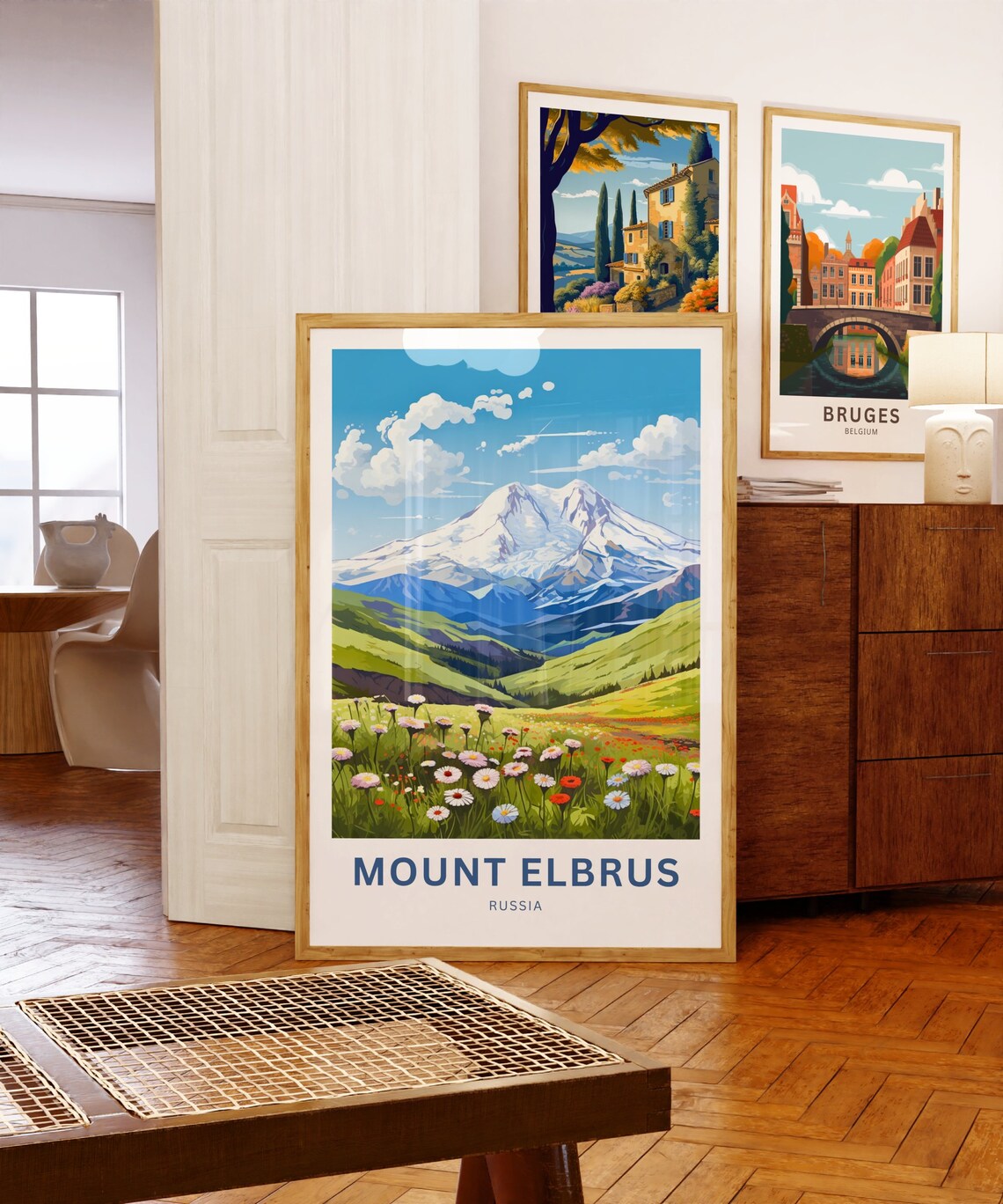 Mount Elbrus Russia Snowy Peak Wildflower Meadow Travel Poster - Image 5