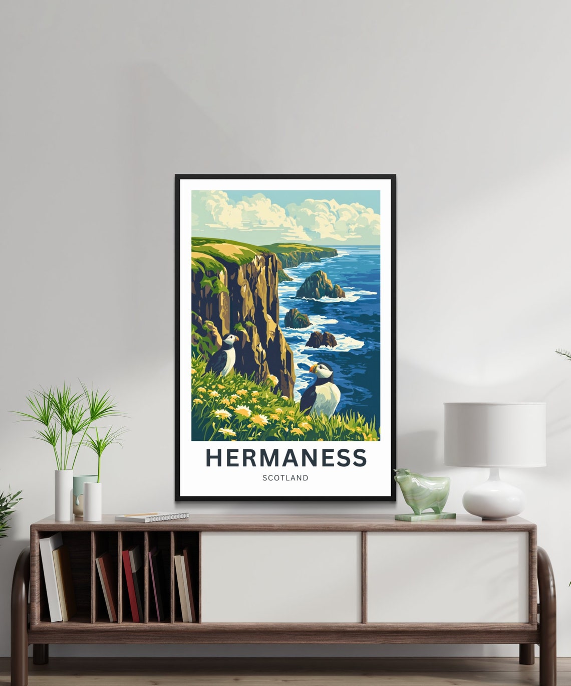 Hermaness Scotland Puffins on Clifftop Overlooking Sea Stacks Poster - Image 3