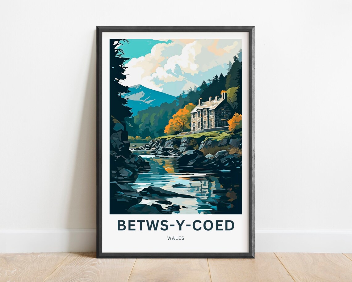Betws-y-Coed Wales Stone Cottage River Autumn Mountain Travel Poster