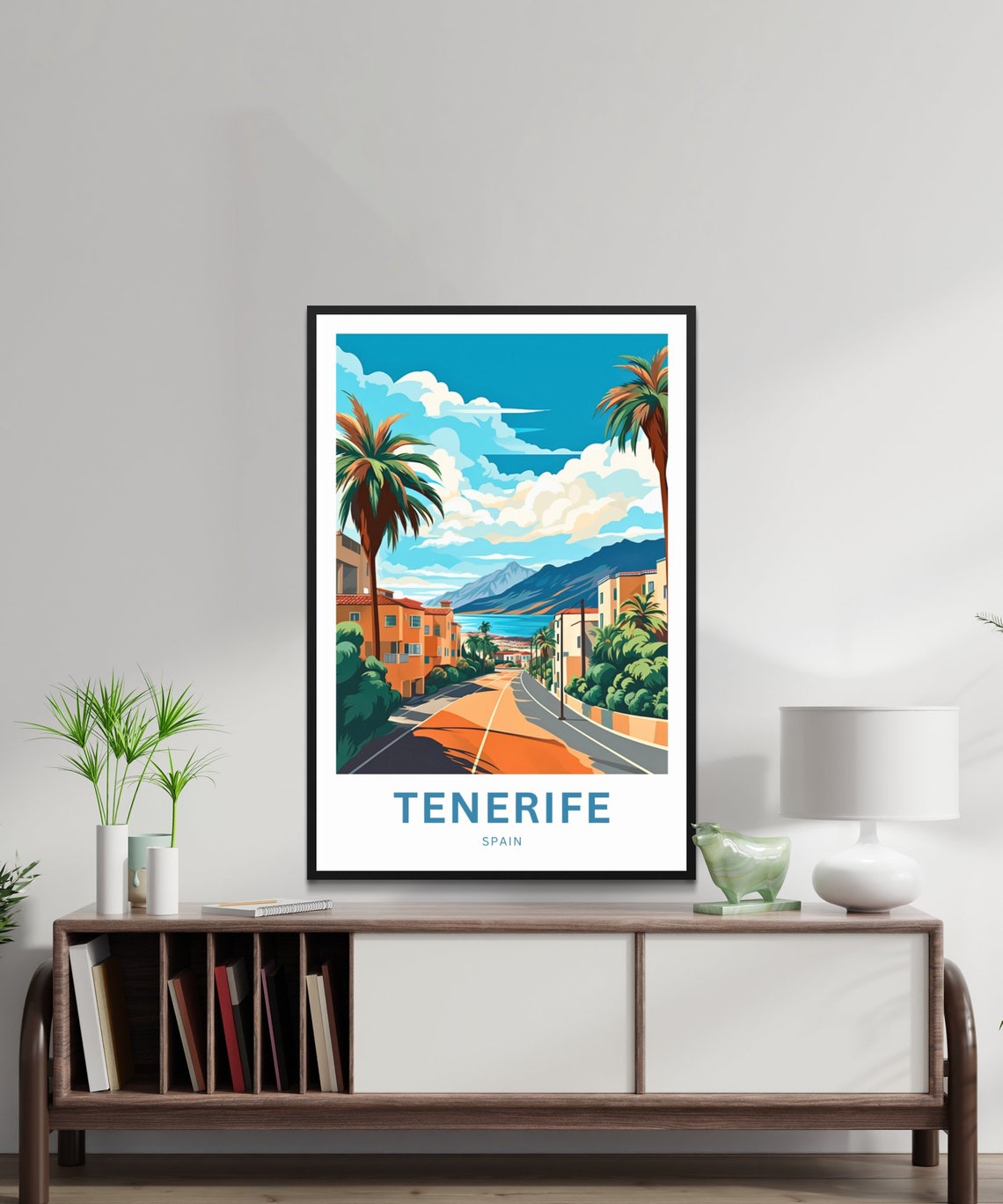 Tenerife Spain Palm Road Beach Mountain Coast View Travel Poster - Image 2