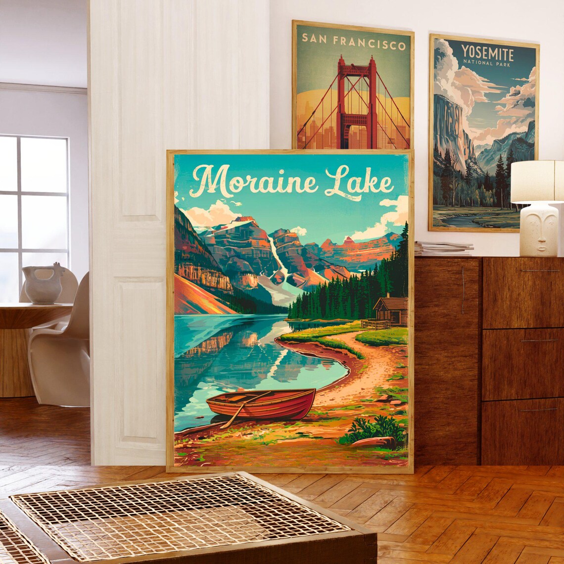 Moraine Lake Vintage Red Canoe Alpine Lake Travel Art Poster - Image 3
