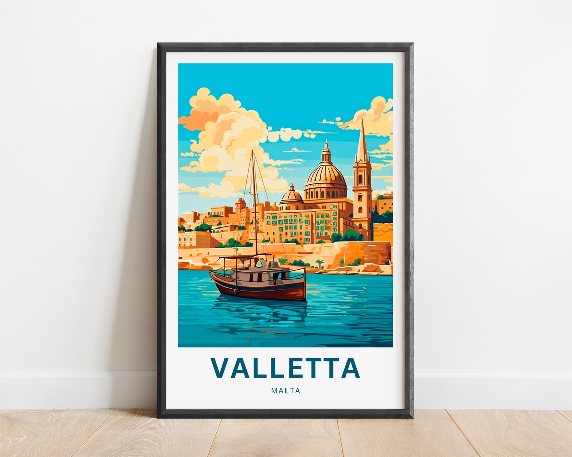 Valletta Malta Harbor Basilica Dome Boat Scene Travel Poster