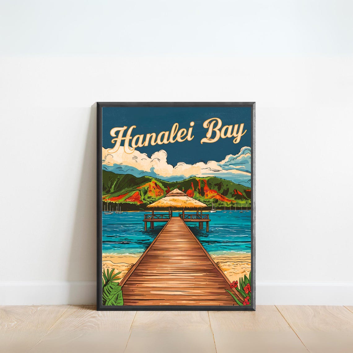 Hanalei Bay Hawaii Pier Sunset Sailboat Vintage Travel Poster