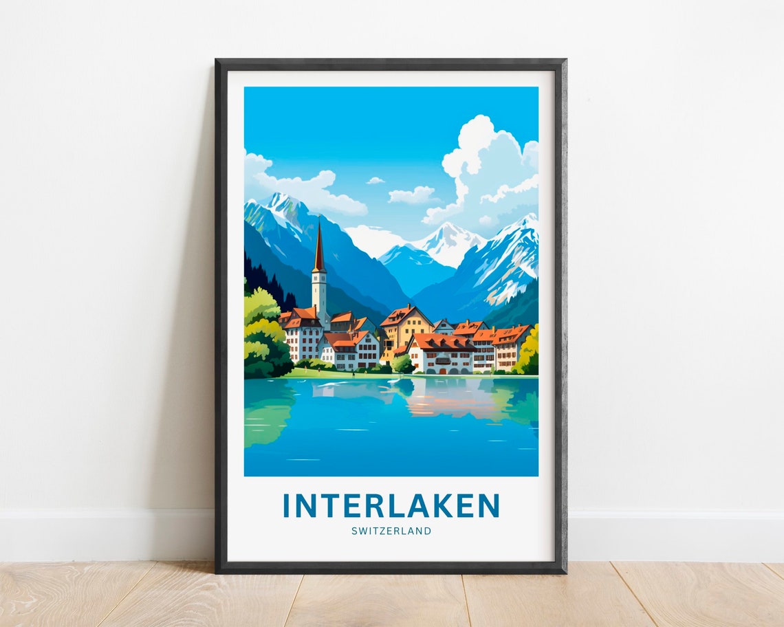 Interlaken Switzerland Church Tower Lake Reflection Travel Poster